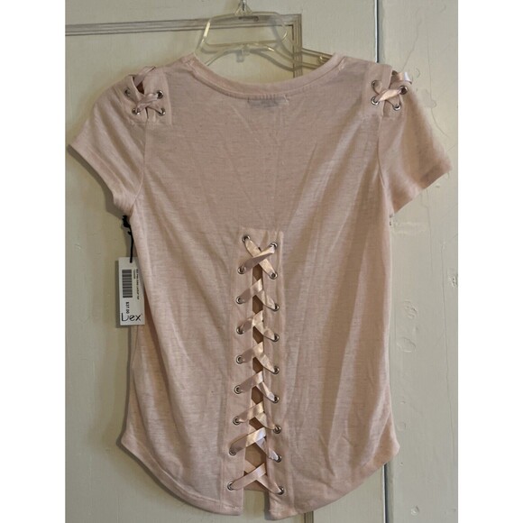 Dex Juniors Women’s Pink Icing Lace-Up Poly-Linen Blend T-Shirt Top Size XS - Picture 2 of 10